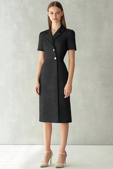 Black Bodycon Notched Lapel Short Sleeves Midi Work Dress
